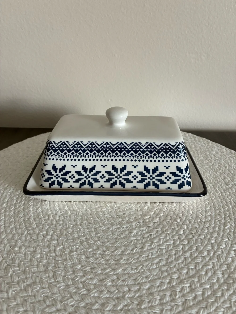 Blue & White Ceramic Butter Dish with Nordic Pattern